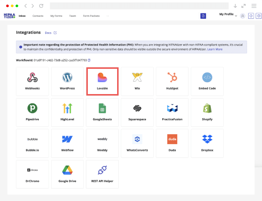 HIPAAtizer integrations dashboard showing connections with Lovable, WordPress, HubSpot, Google Sheets, Dropbox, and other platforms.